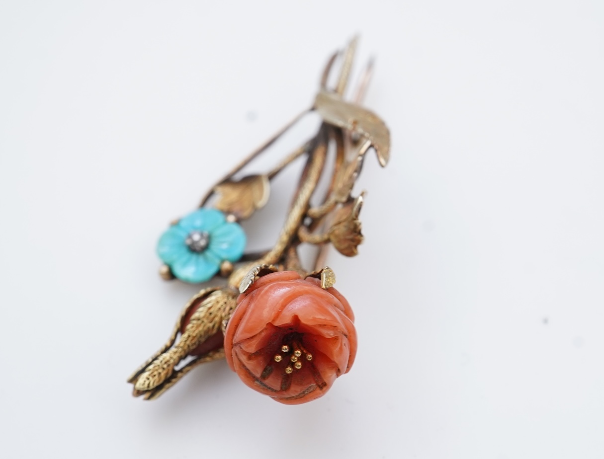 A gold, coral and turquoise brooch, circa 1840